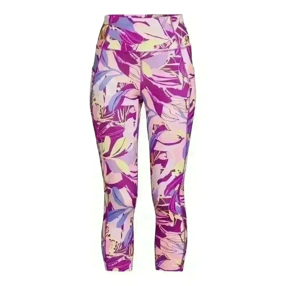 Avia Womens Pull On Active Capri Leggings XS, M Side Pockets Purple Pink Leaf - Picture 5 of 12